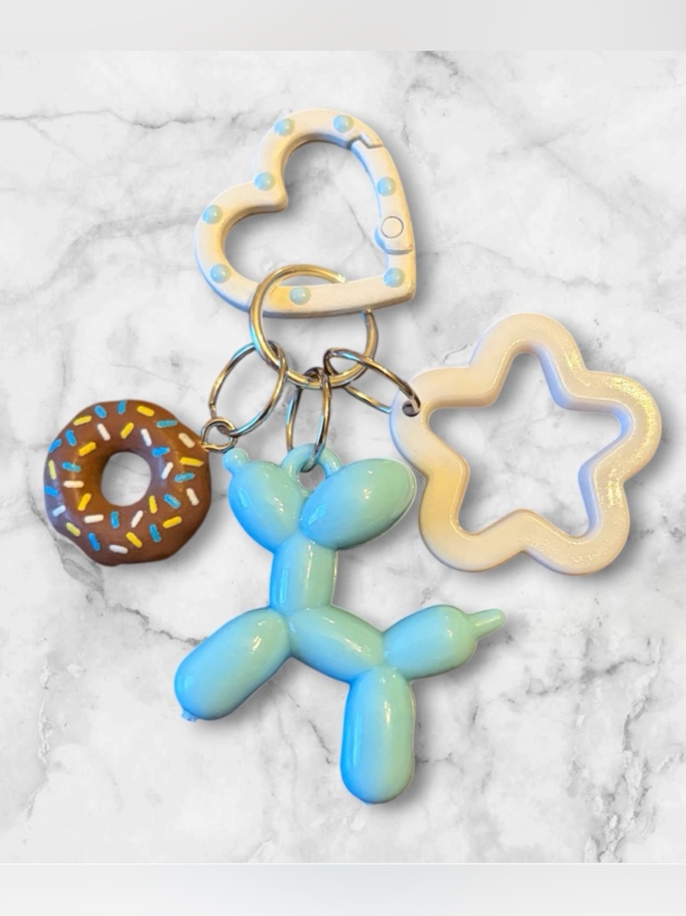 Cute Blue Balloon Dog Keychain with Donut & Shapes